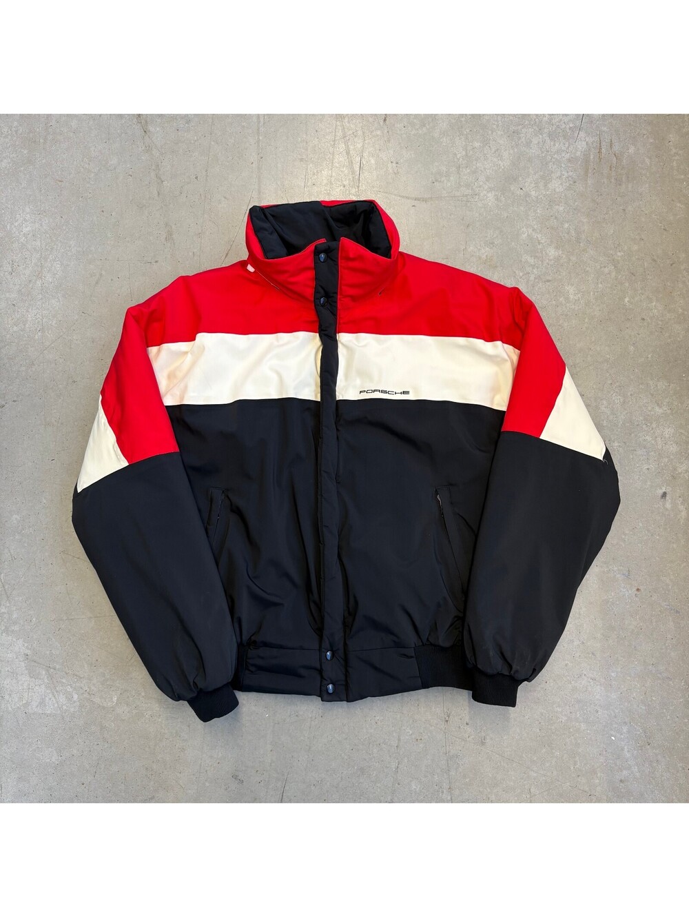 Vintage 90s Porsche Embroidered Tri Colour Puffer Jacket Large